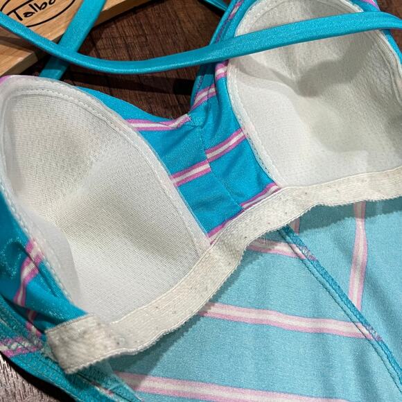 Vintage Chevron Striped One Piece Swimsuit Turquoise Pink Size 12 - Picture 4 of 7